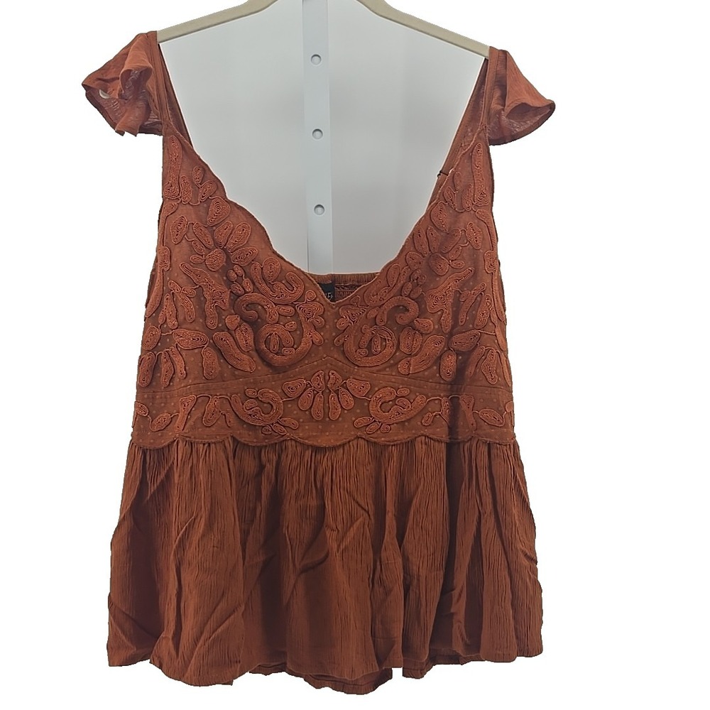 Shyanne Brown Ember Women's XXL Gauzy Crinkle Smocked Tank Top Blouse New